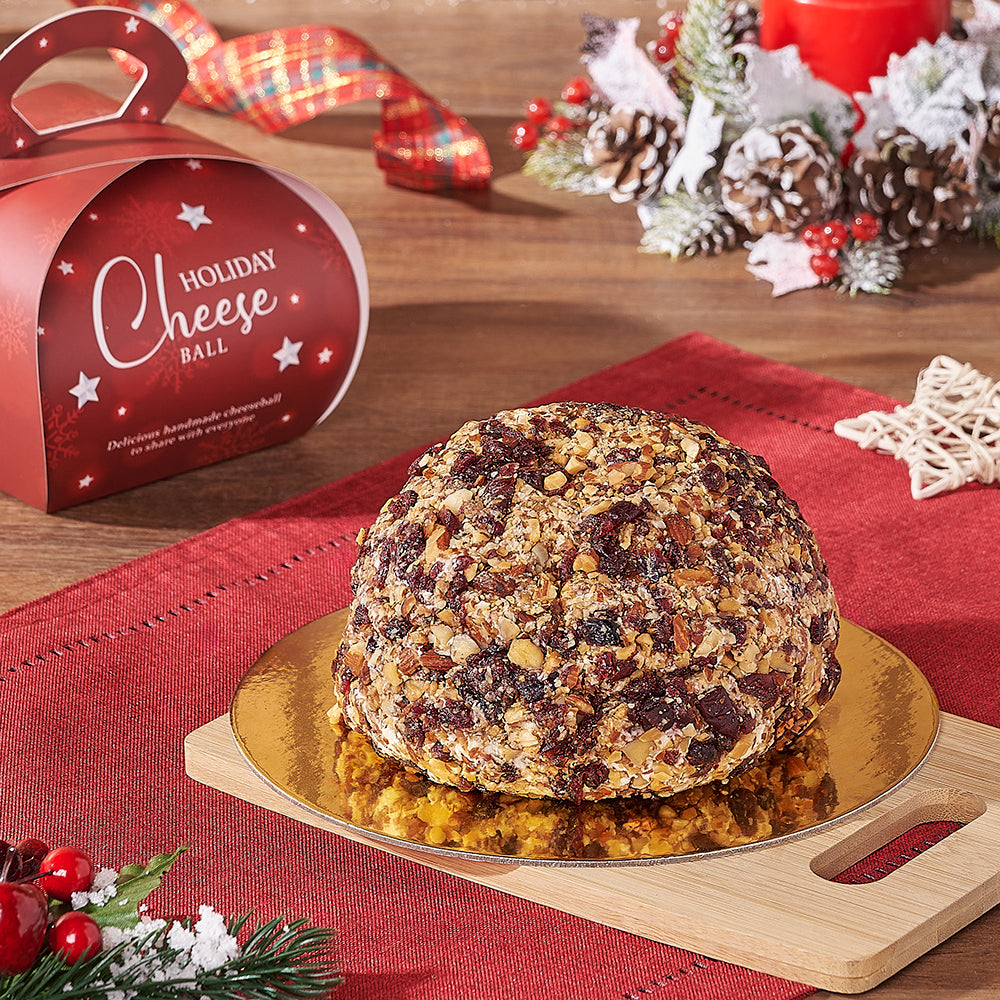 Festive Cranberry Almond Cheese Ball on Bamboo Board Gift Basket – how the gift is presented