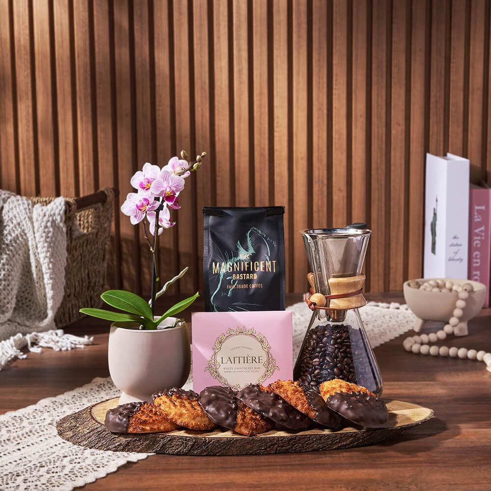 Davenport Coffee & Macaroons Basket, coffee gift, coffee, cookie gift, cookie, plant gift, plant, macaroon gift, macaroon, Ottawa delivery