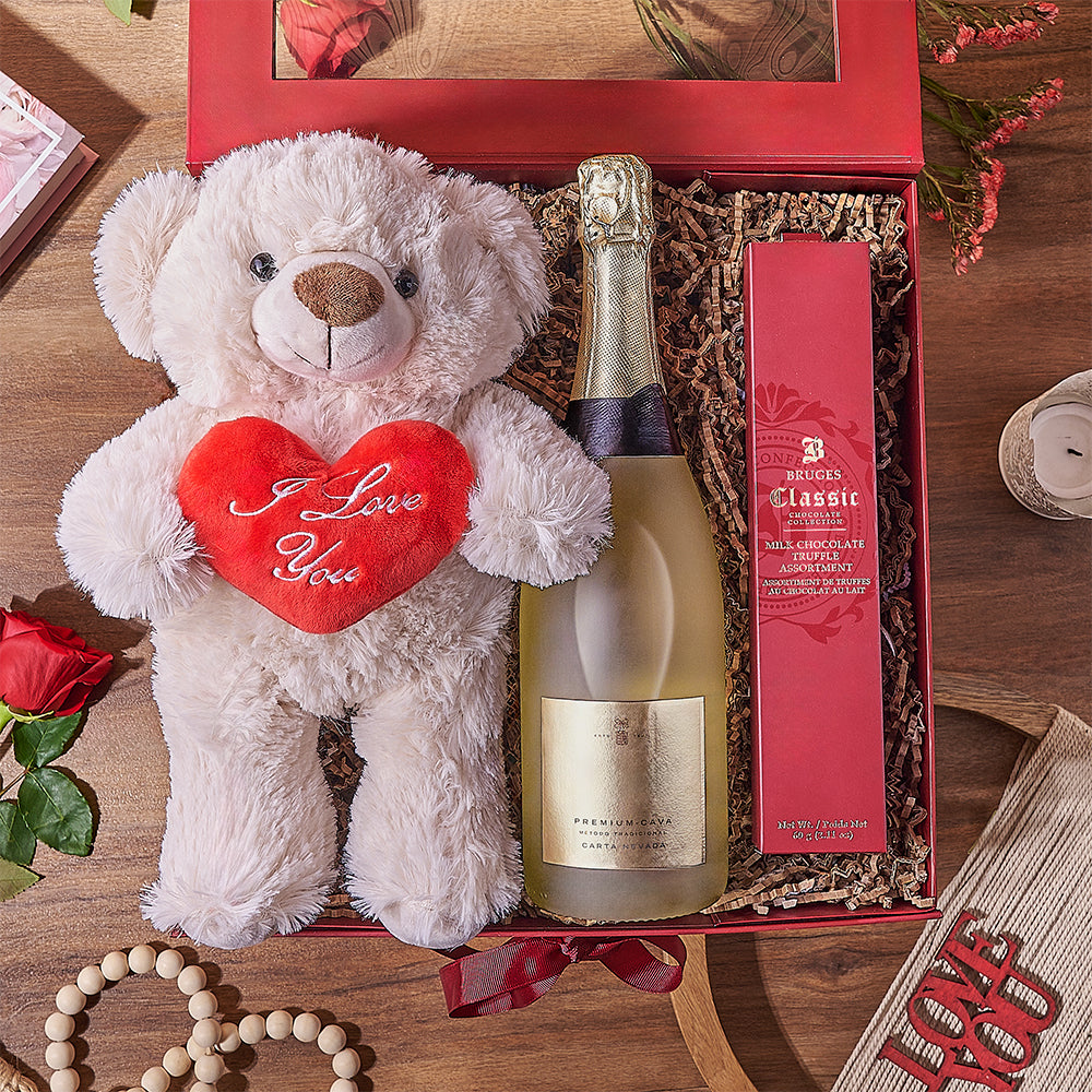 Sparkling Wine Valentine’s Gift with Red Roses, Plush Teddy, and Chocolates – how the gift is presented