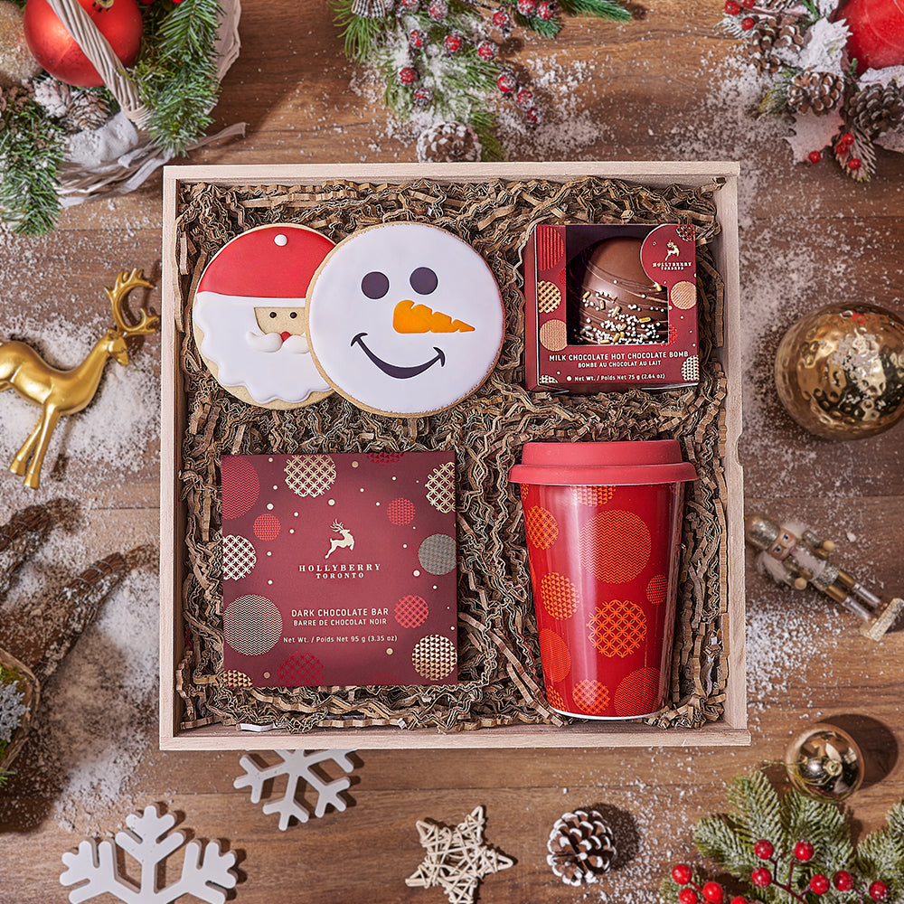 Festive Hot Chocolate Bomb Gift Basket in Wooden Box – how the gift is presented