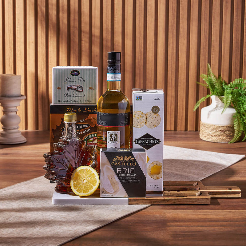 Deluxe Smoked Salmon & Citrus Gift Basket with Wine, wine gift, wine, gourmet gift, gourmet, cheese gift, cheese, cheese board gift, cheese board, Ottawa delivery