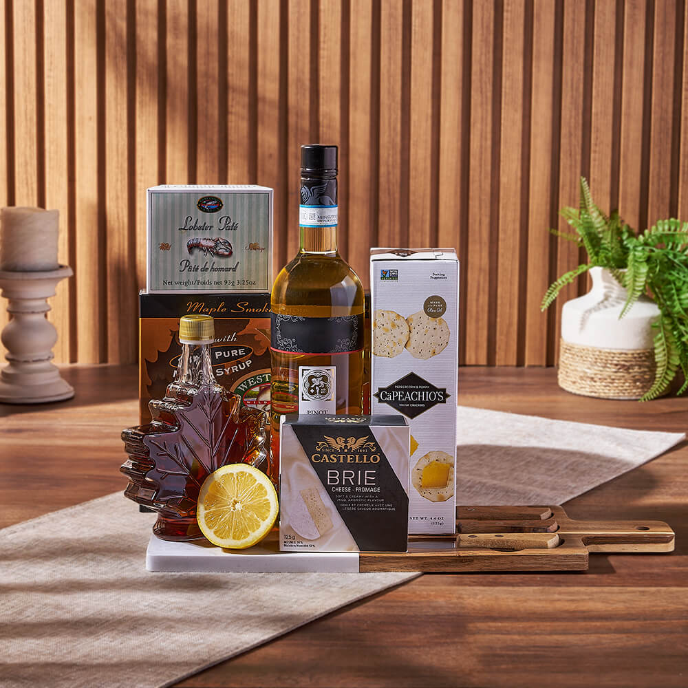 Deluxe Smoked Salmon & Citrus Gift Basket with Wine, wine gift, wine, gourmet gift, gourmet, cheese gift, cheese, cheese board gift, cheese board, Ottawa delivery