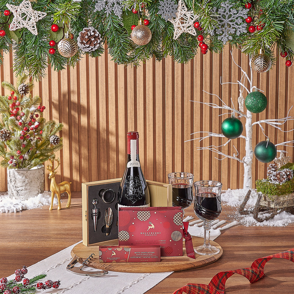 Wine Gift Basket with Gourmet Truffles and White Chocolate Bar – how the gift is presented