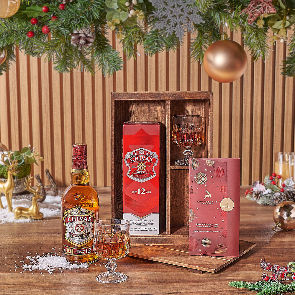 Premium Whiskey Gift Basket with Hollyberry Chocolate – how the gift is presented