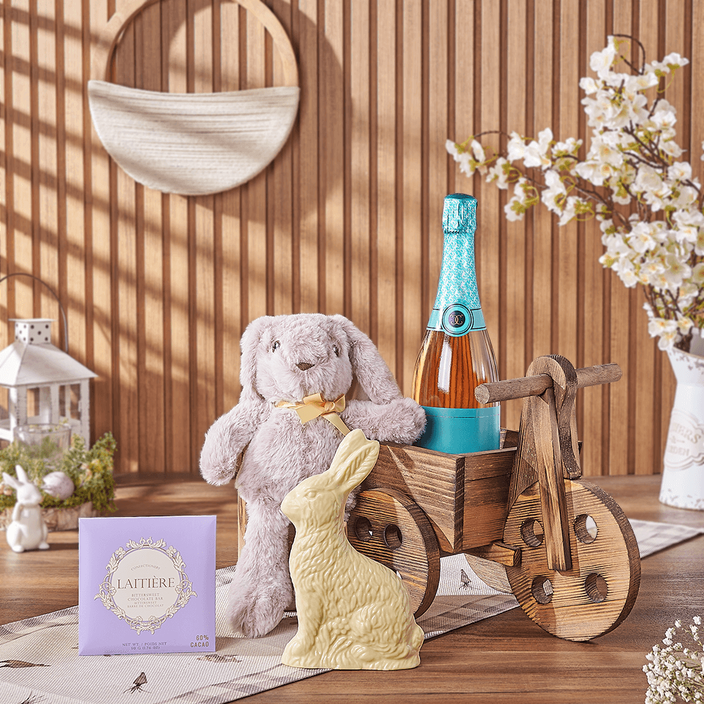 Sparkling Wine Large Wooden Cart Set with Easter Bunny and Gourmet Chocolates – how the gift is presented