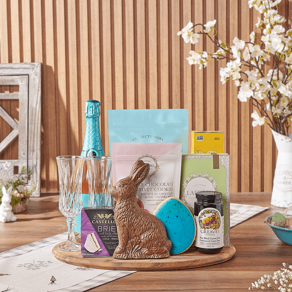 Sparkling Wine and White Chocolate Easter Gift Basket – how the gift is presented