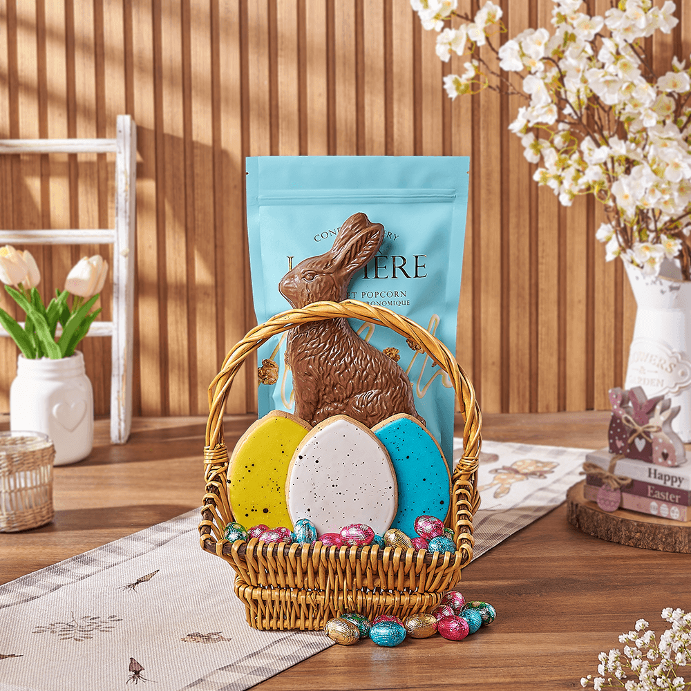 Laitière White Chocolate Caramel Popcorn Easter Gift Basket – how the gift is presented