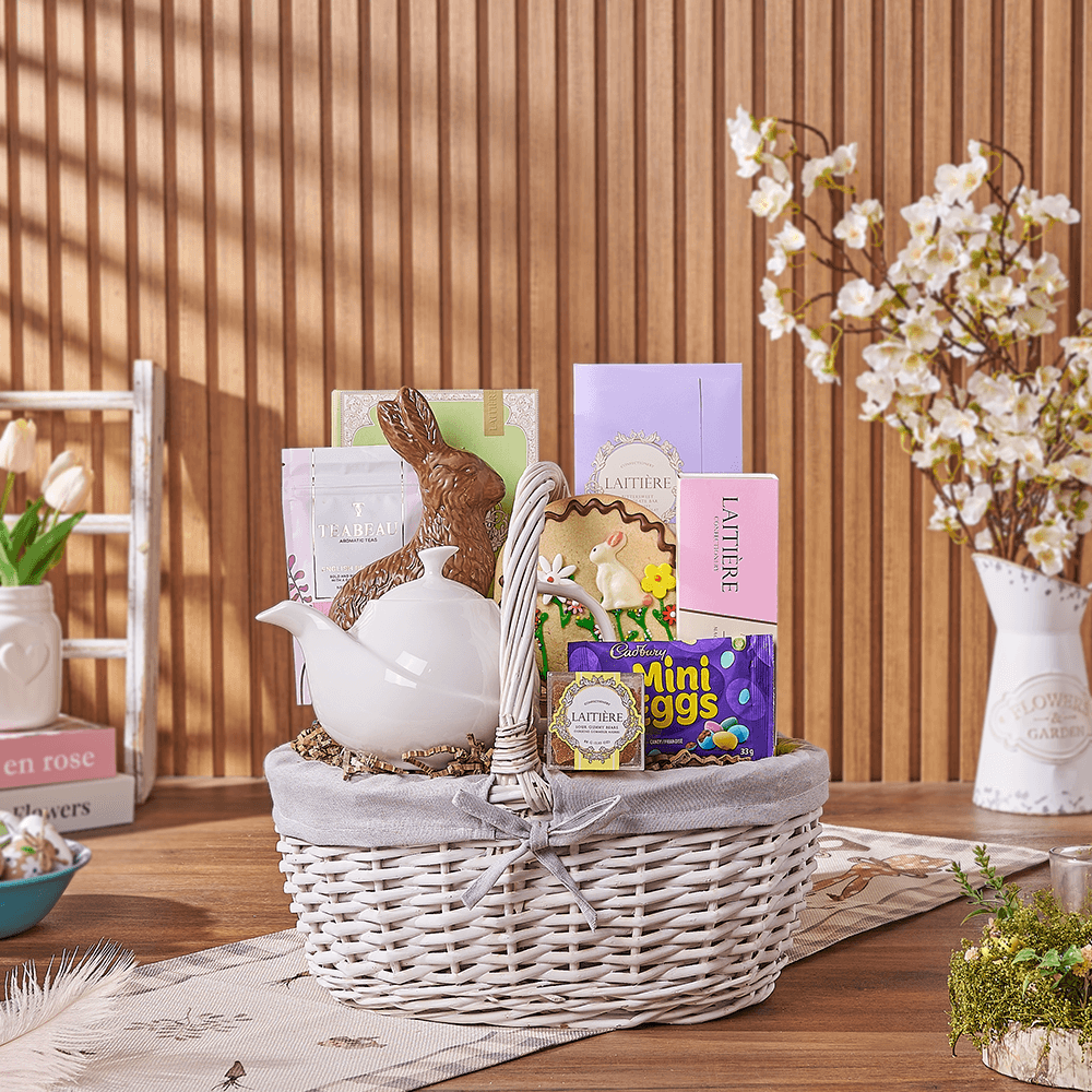 Easter Tea Gift Basket with Bunnies, Flowers, and Gourmet Treats in White Wicker – how the gift is presented