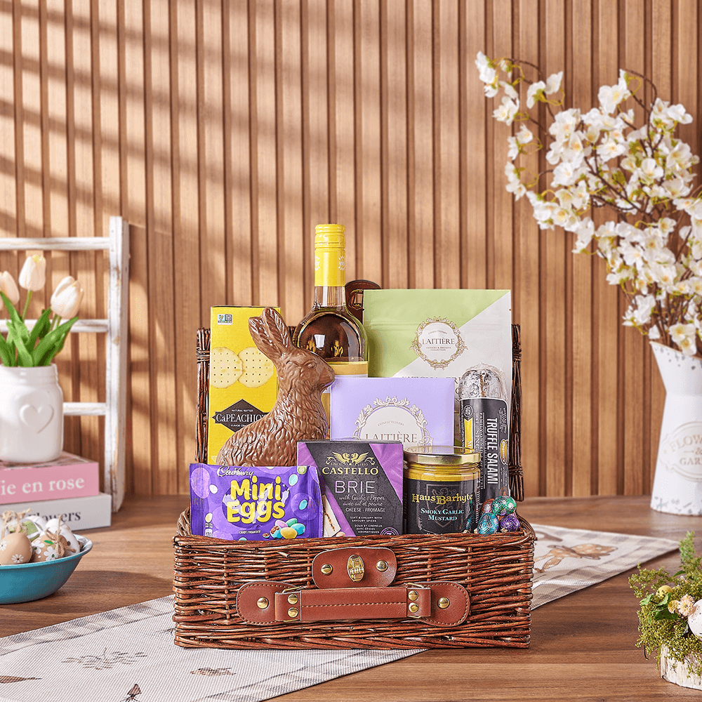 Easter Celebration Wine Basket with Gourmet Treats in Wicker Picnic – how the gift is presented