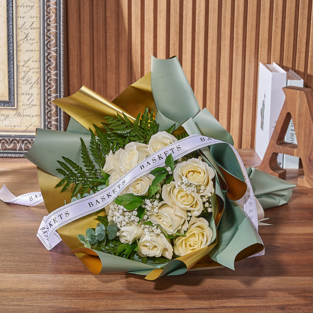 Classic White Rose Floral Wrap Bouquet with Ruscus and Ferns – how the gift is presented