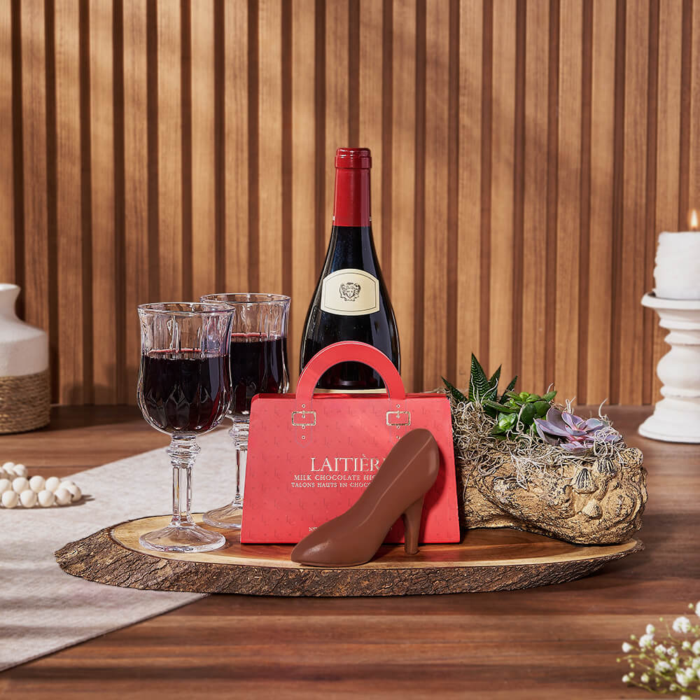 Wine Gift Basket with Live-Edge Cutting Board and Gourmet Chocolates – how the gift is presented