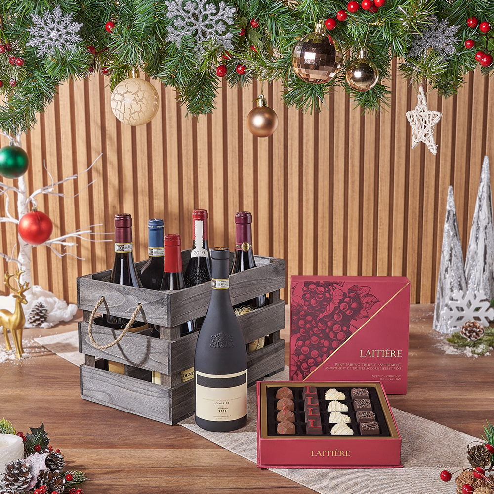 Holiday Wine Gift Basket in Wooden Crate with Gourmet Chocolate Truffles – how the gift is presented