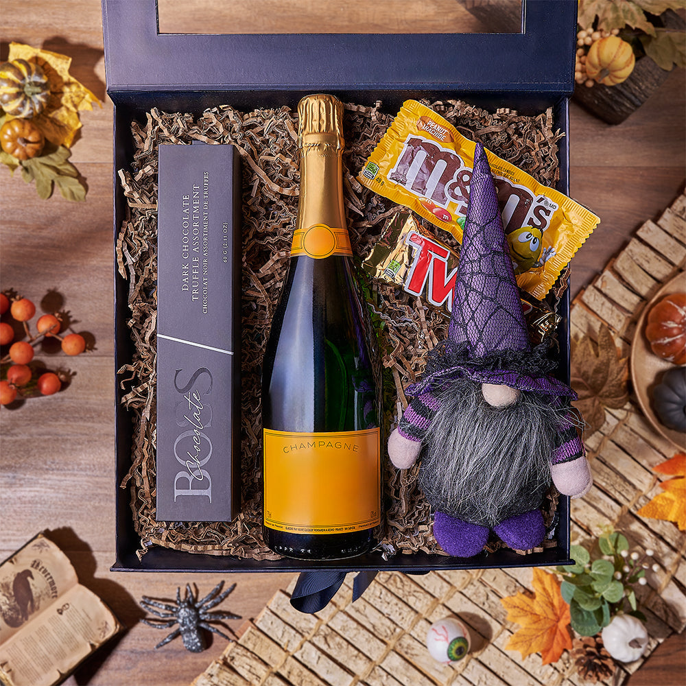 Halloween Sparkling Wine Gift Box with Dark Chocolate Truffles – how the gift is presented