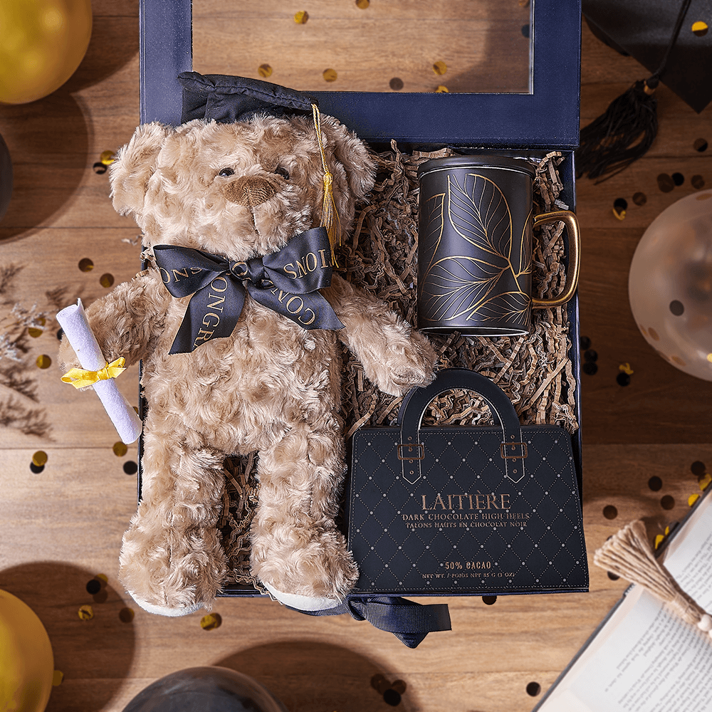 Premium Graduation Keepsake Box with Plush Bear, Chocolate, and Mug – how the gift is presented