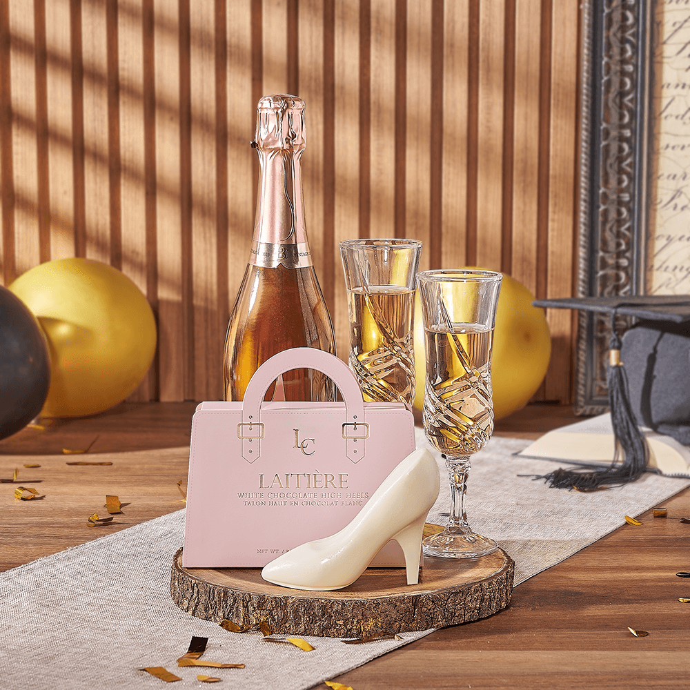Sparkling Wine Gift Basket for Graduation with Rustic Serving Board – how the gift is presented