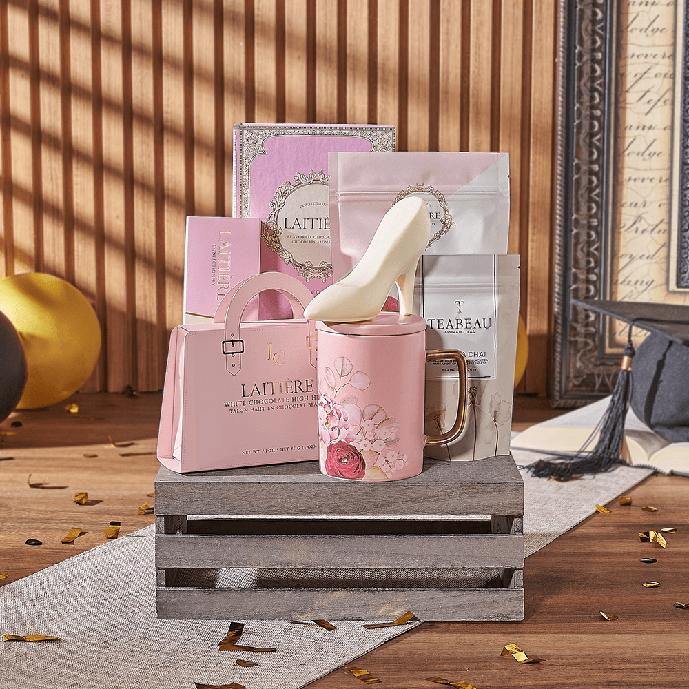 Elegant Small Wooden Crate with Graduation Themed Gourmet Chocolates and Tea – how the gift is presented