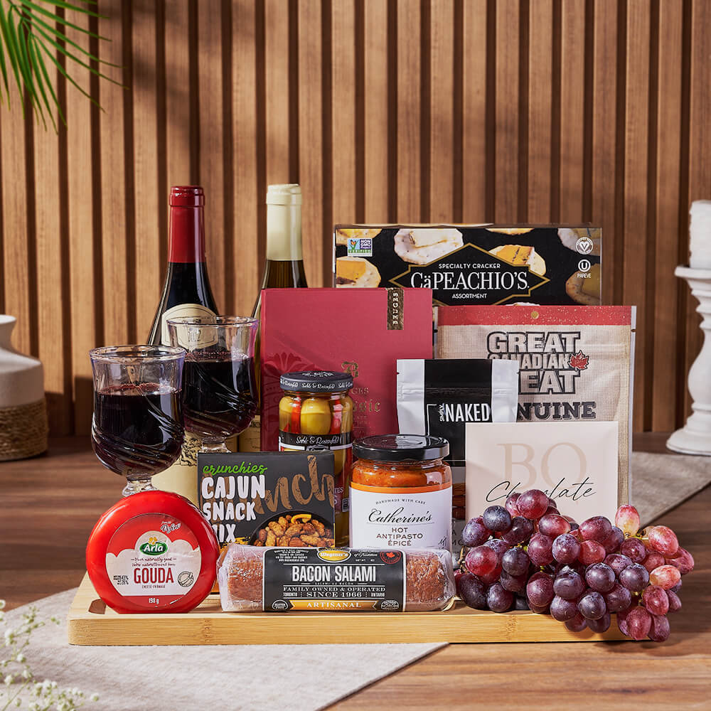 Grand Cheese & Wine Gift Basket, wine gift, wine, charcuterie gift, charcuterie, cheese gift, cheese, fruit gift, fruit, Ottawa delivery