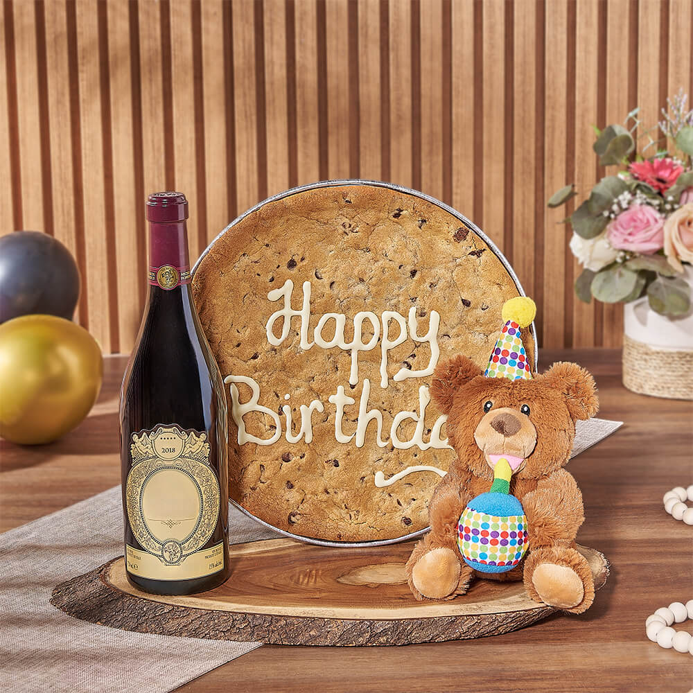 Birthday Wine Gift Basket with Giant Chocolate Chip Cookie – how the gift is presented
