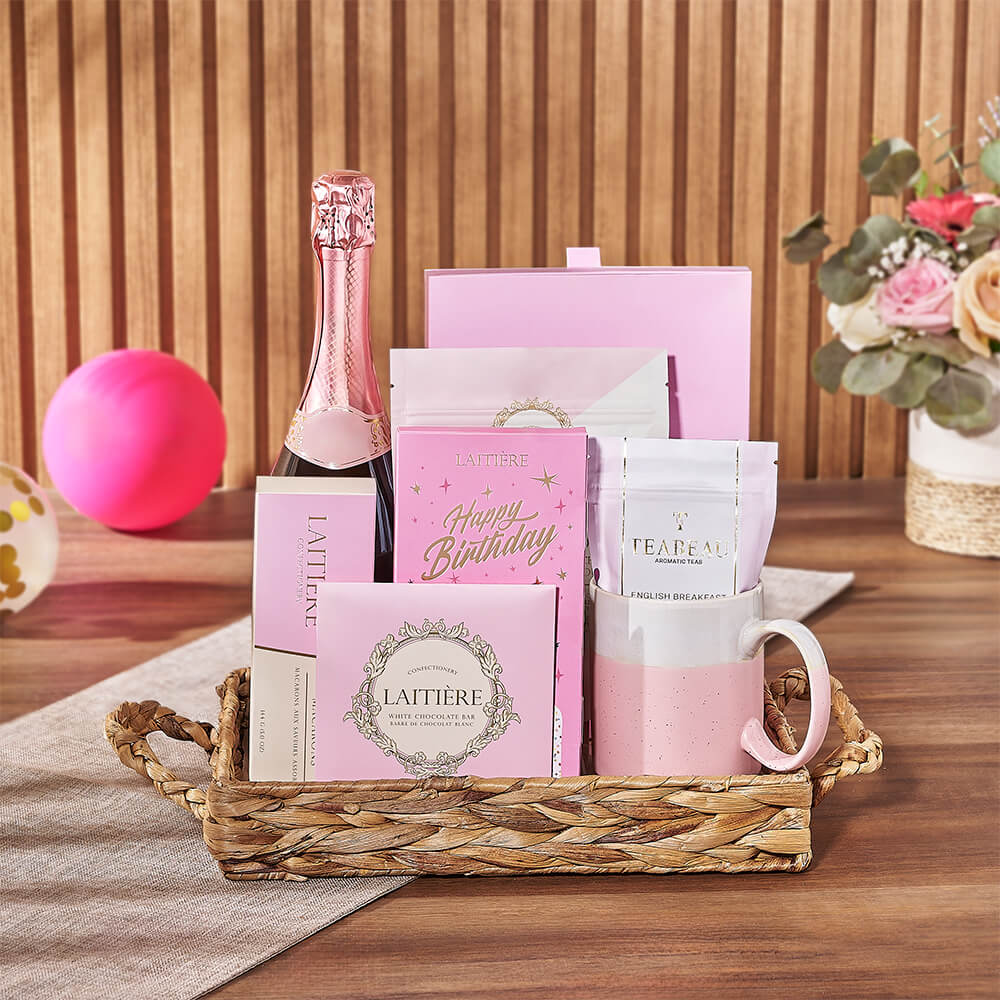 Happy Birthday Tea &amp; Bubbly Tray, champagne gift, champagne, sparkling wine gift, sparkling wine, chocolate gift, chocolate, birthday gift, birthday, Ottawa delivery