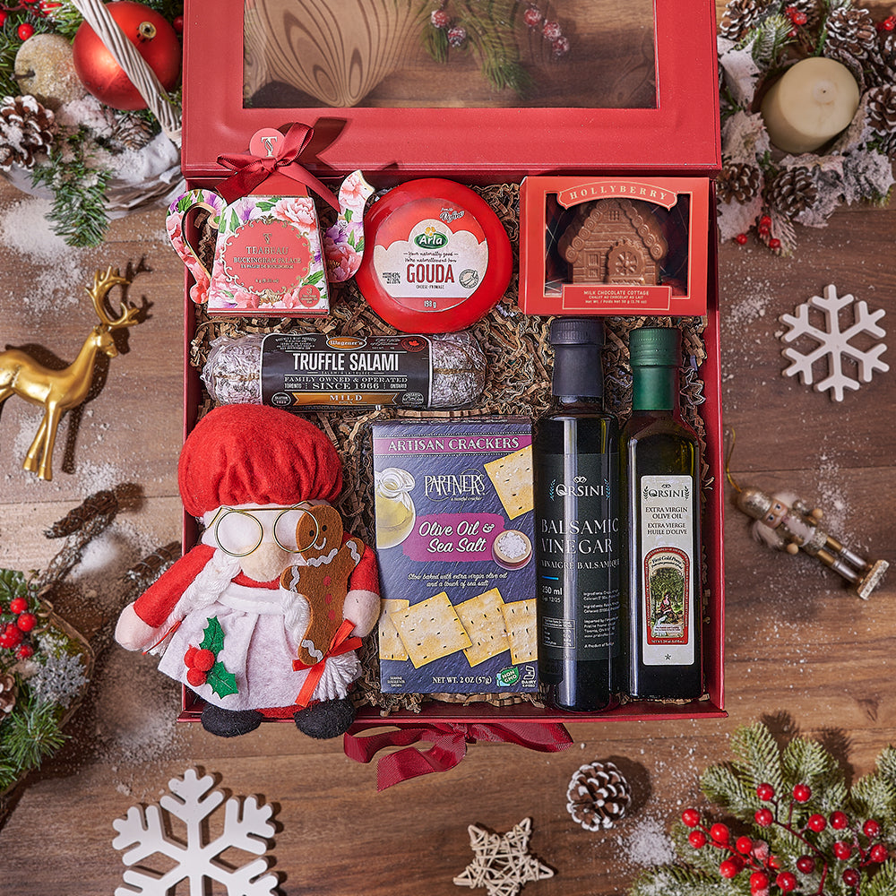 Festive Gourmet Gift Spread Basket with Tea and Cheese – how the gift is presented