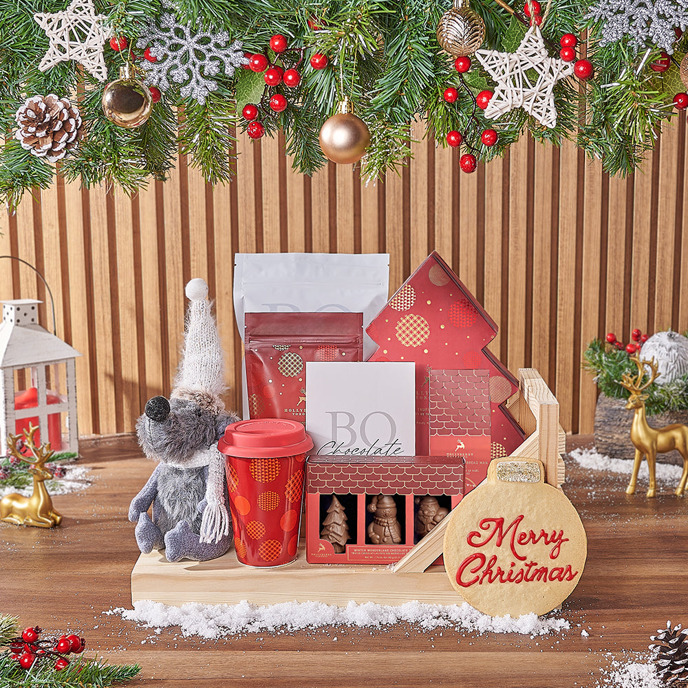 Festive Christmas Chocolate Assortment on Wooden Sled – how the gift is presented