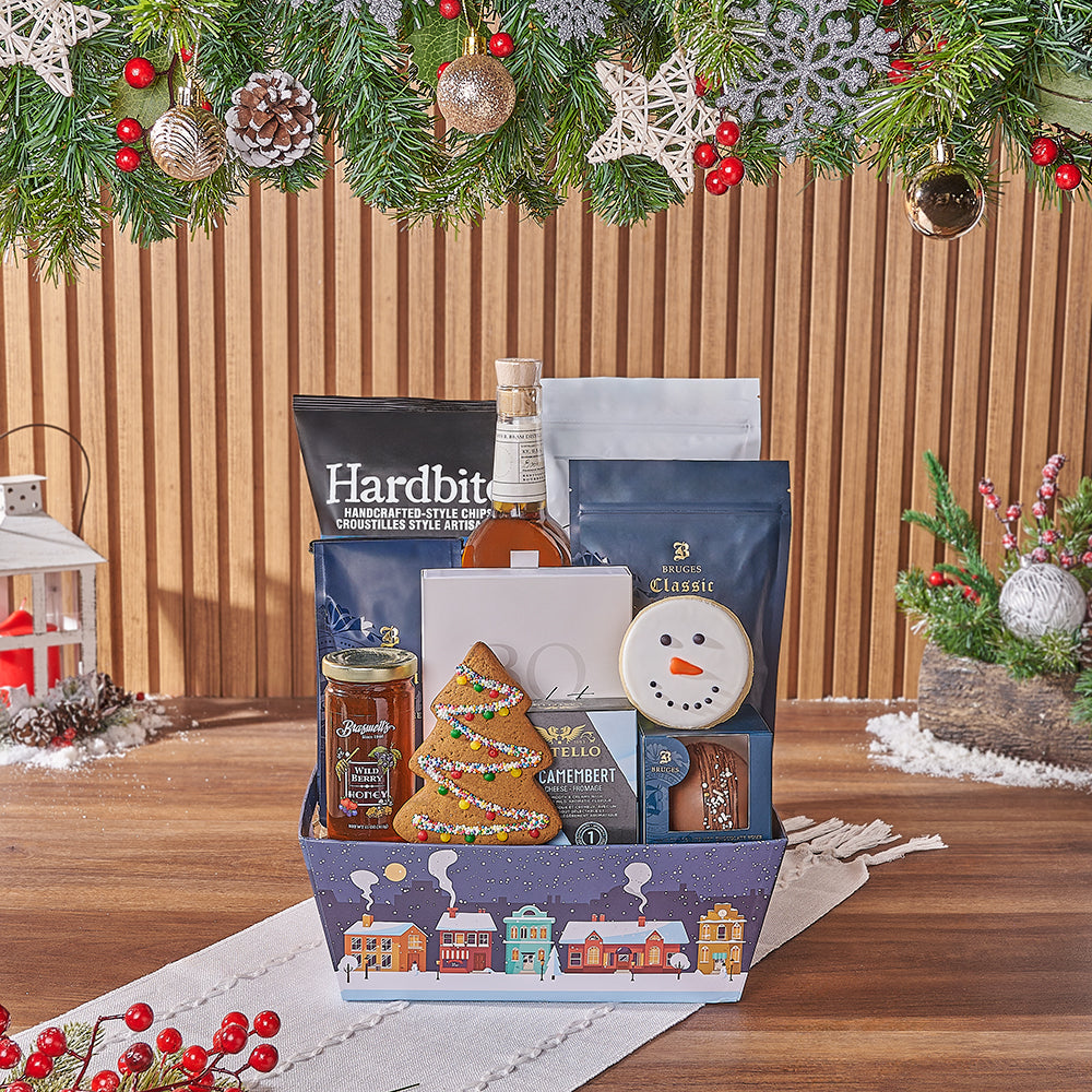 Festive Whiskey and Deluxe Gourmet Food Gift Basket – how the gift is presented
