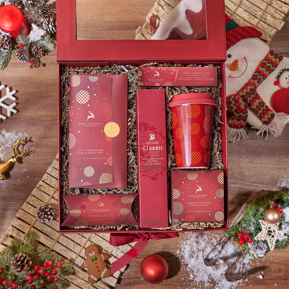 Red Holiday Gift Basket Featuring Gourmet Chocolates – how the gift is presented