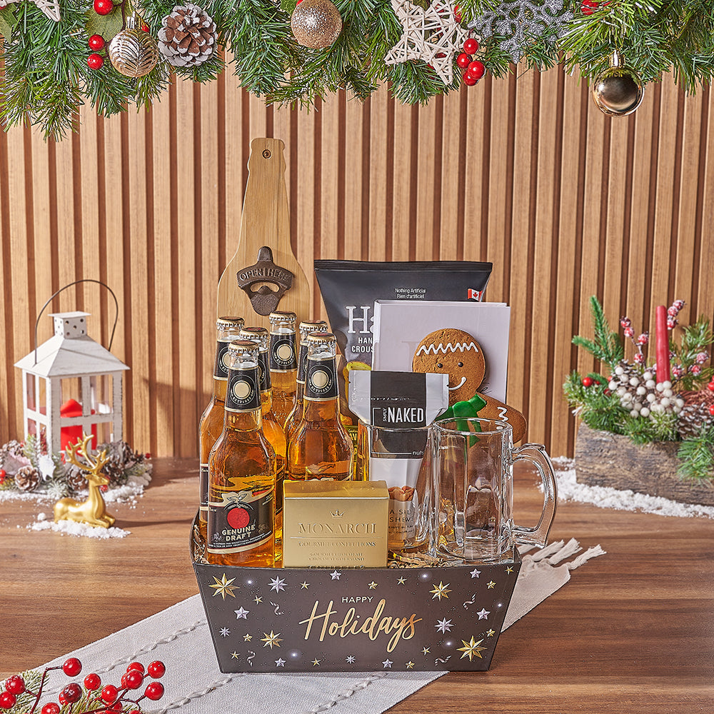 Festive Beer Gift Tray with Glass Tankard and Gourmet Treats – how the gift is presented