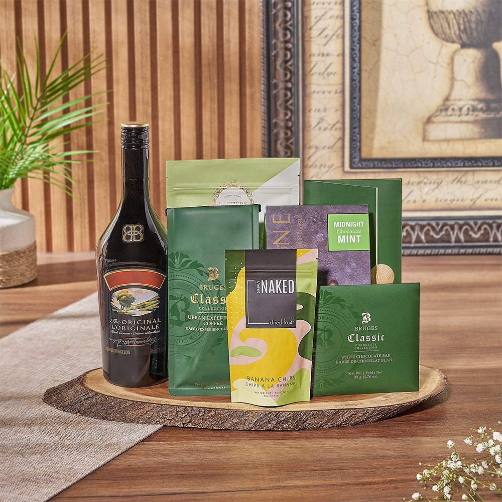 Artisan Vodka Gift Basket with Coffee, Cookies, and Serving Board – how the gift is presented