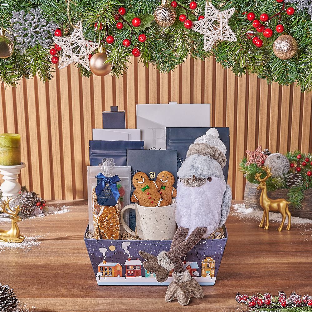 Holiday Market Tray with Assorted Chocolate and Gourmet Snacks Gift Basket – how the gift is presented