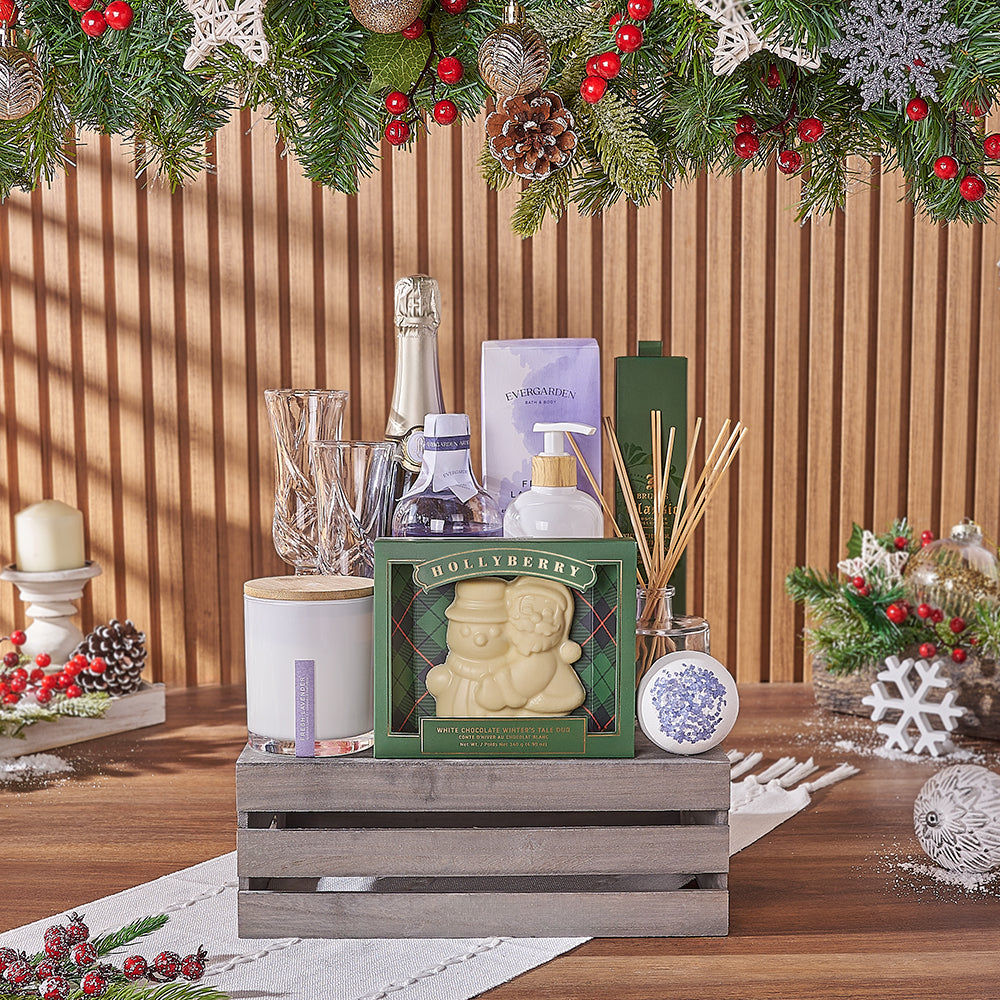 Joyful Champagne & Spa Gift Crate, Christmas gift, Christmas, champagne gift, champagne, sparkling wine gift, sparkling wine, chocolate gift, chocolate, Ottawa delivery