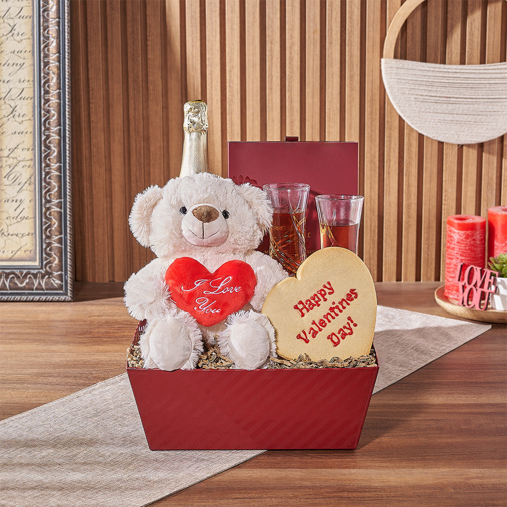 Deluxe Sparkling Wine Gift with Valentine's Treats in Red Tray – how the gift is presented