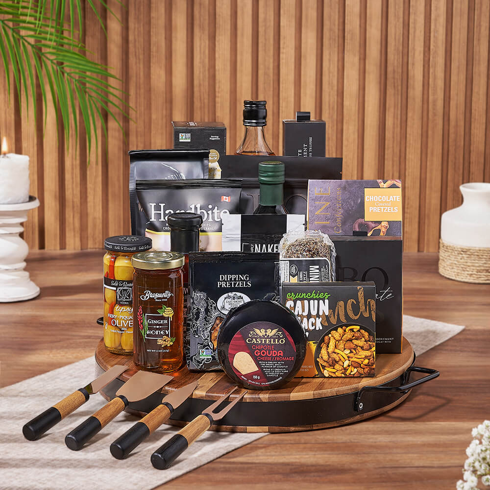 Liquor &amp; Cheese Platter Gift Set from California Baskets - Liquor Gift Basket - California Delivery