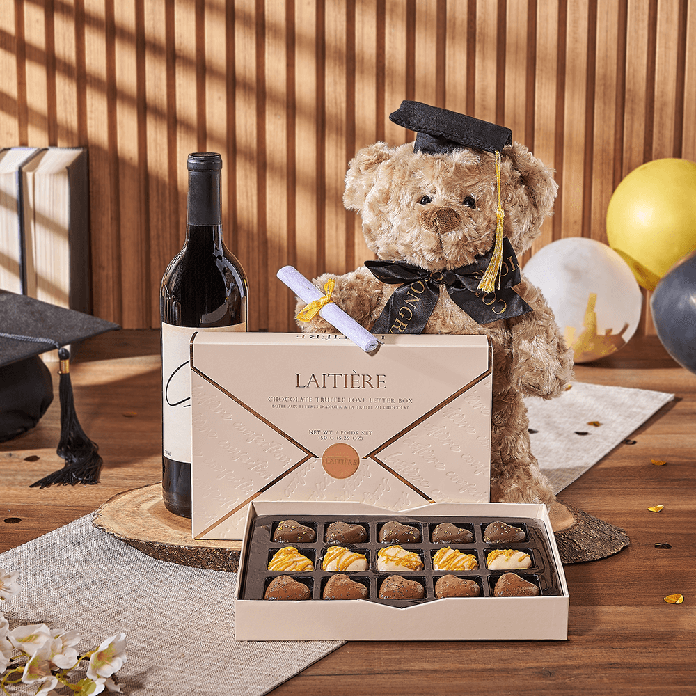 Love Letter Graduation Wine Gift Basket with Teddy Bear and Cutting Board – how the gift is presented