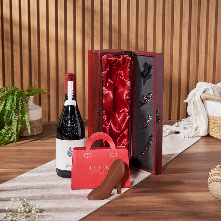 Mahogany Wood Wine Gift Basket, wine gift, wine, chocolate gift, chocolate, Ottawa delivery