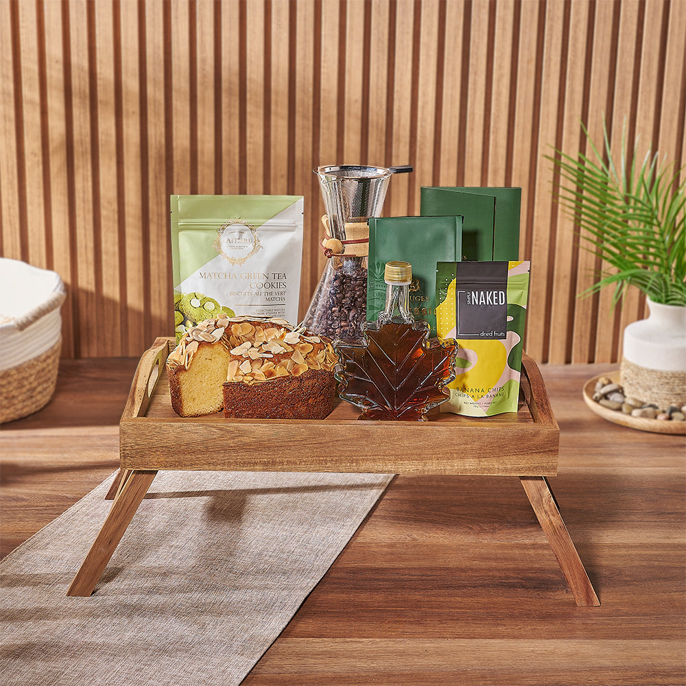 Coffee Cake and Glass Pour Over Set with Wooden Bed Tray – how the gift is presented