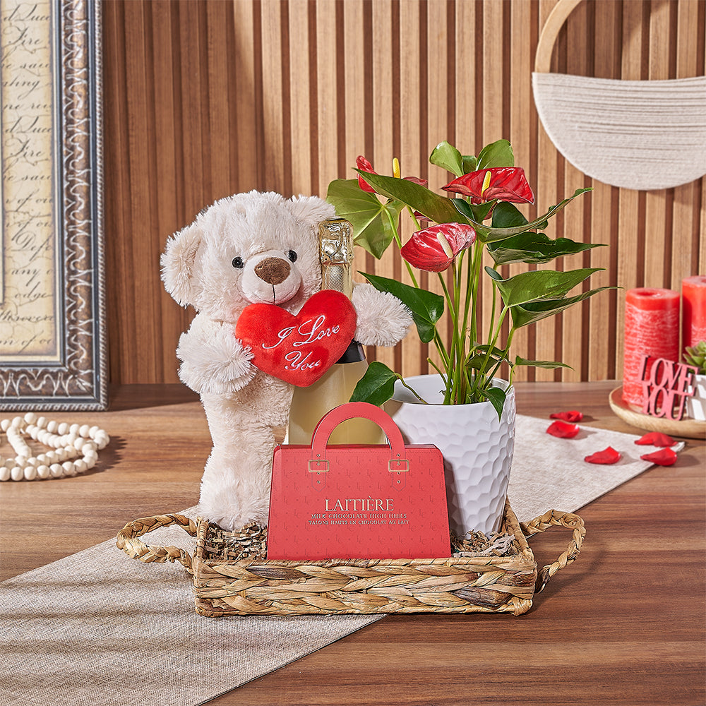 Sparkling Wine and 5-Inch Anthurium in Woven Tray Valentine's Gift – how the gift is presented