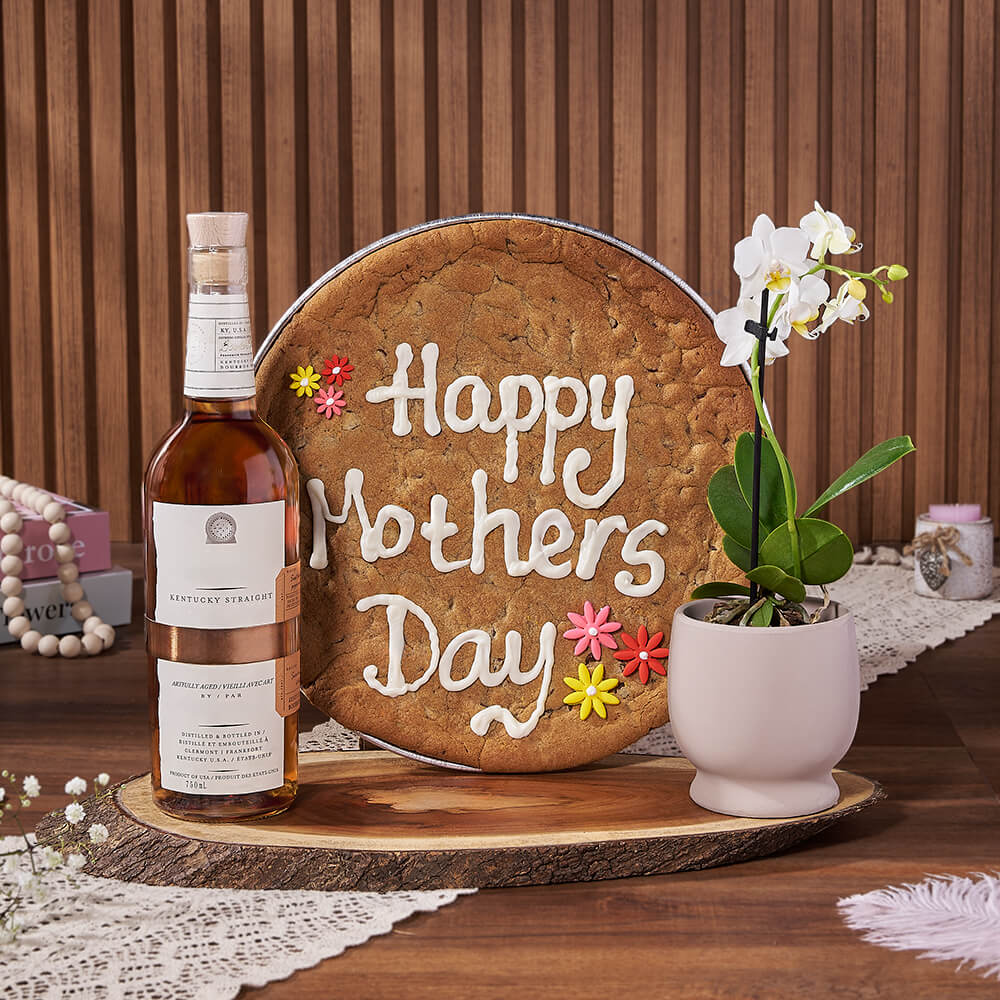 Premium Liquor Gift Basket with Soft Chocolate Chip Mother's Day Cookie – how the gift is presented