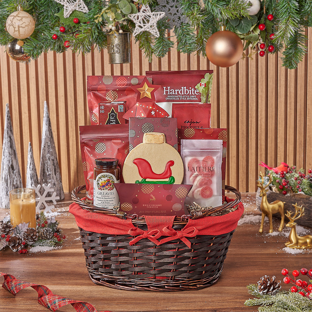 Classic Wicker Gift Basket with Holiday Gourmet Treats – how the gift is presented
