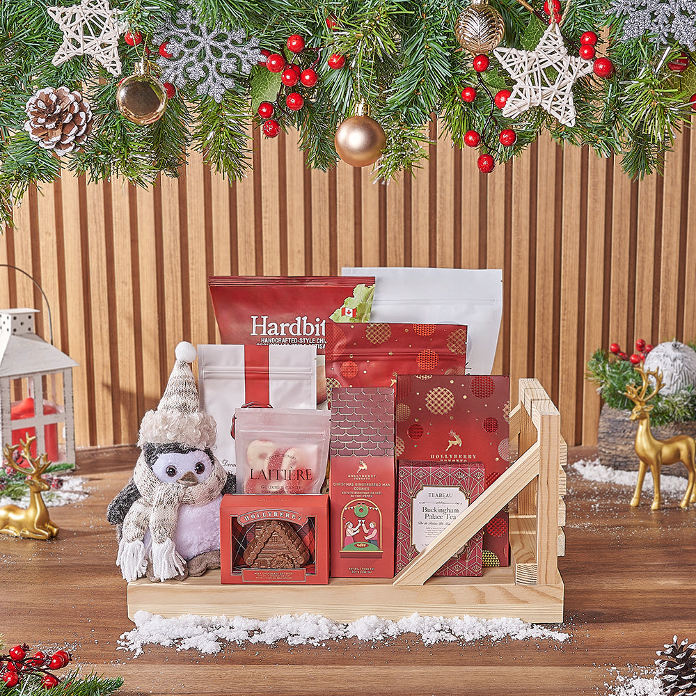 Festive Pine Wood Sleigh Gift Basket with Premium Snacks – how the gift is presented