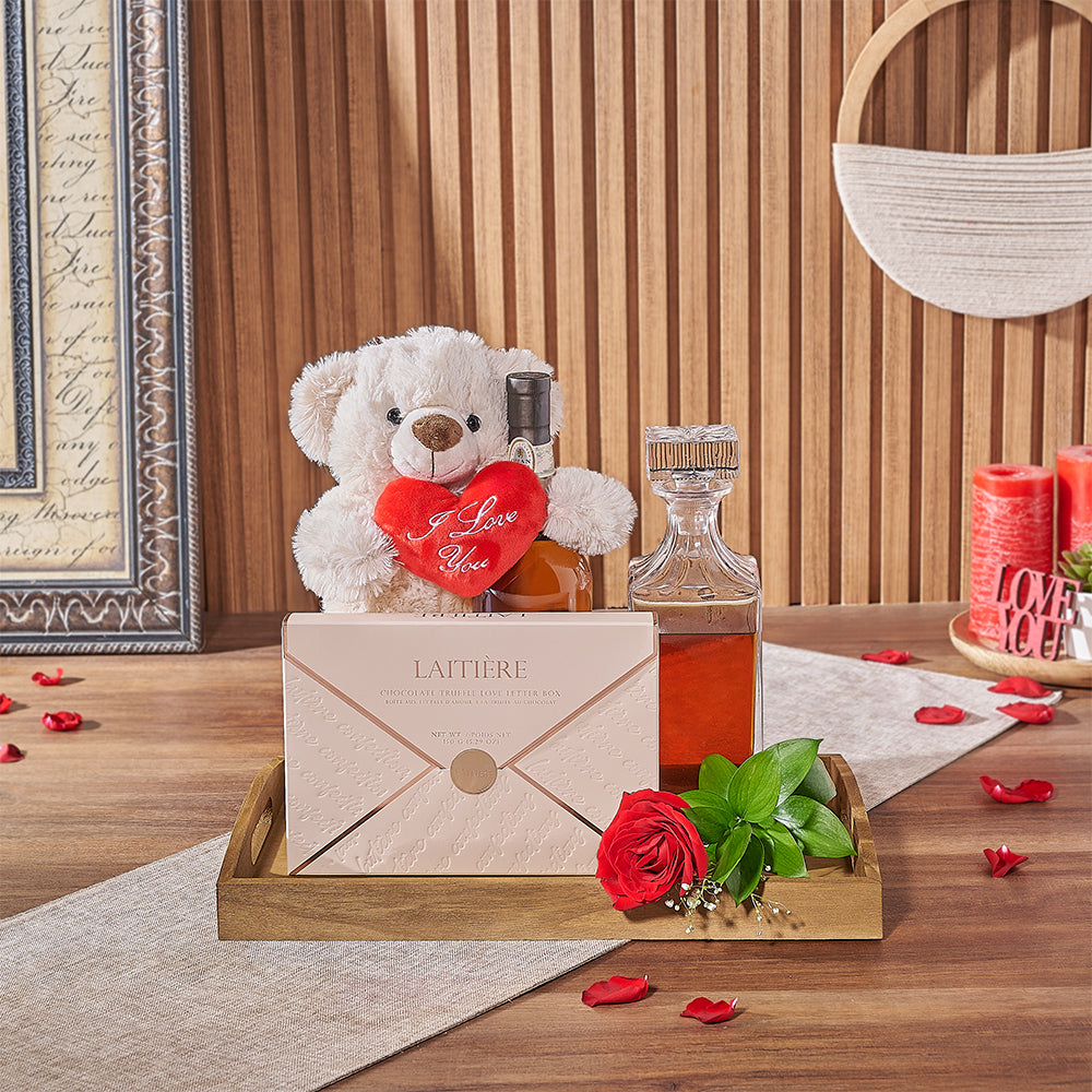 Whiskey Gift Basket with Laitière Truffles and Valentines Teddy – how the gift is presented
