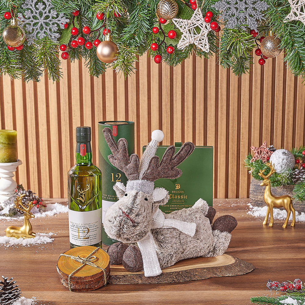 Whiskey and 24-Piece Bruges White Chocolate Truffles Holiday Gift Set – how the gift is presented