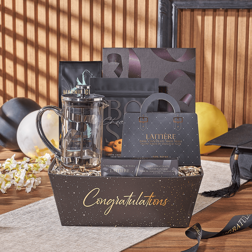 Premium Graduation Gift Tray with Espresso Coffee and Dark Chocolate Treats – how the gift is presented