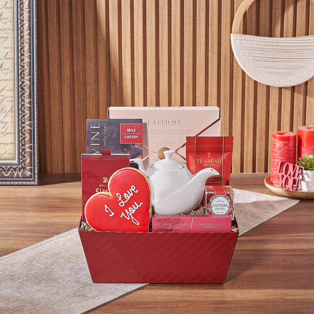 Valentine's Day Gourmet Chocolate and Tea Gift Basket in Red Tray – how the gift is presented
