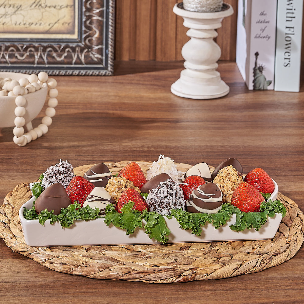 Chocolate Dipped Strawberries Dish with 18 Pieces in Ceramic Platter – how the gift is presented