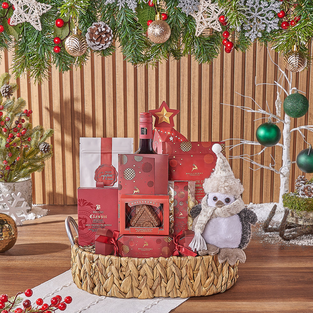 Oval Woven Basket with Wine and Holiday Chocolate Selection – how the gift is presented