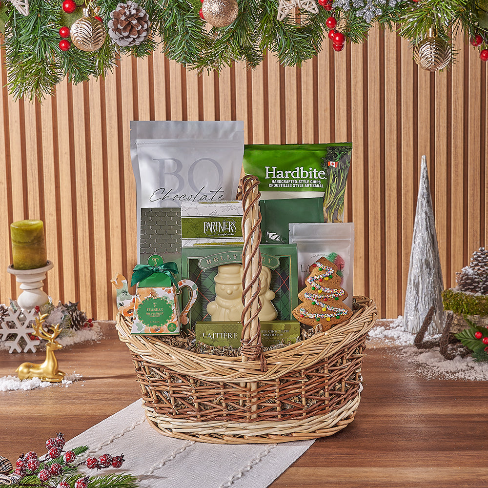 Medium Two-Tone Basket with Holiday Gourmet Delights – how the gift is presented