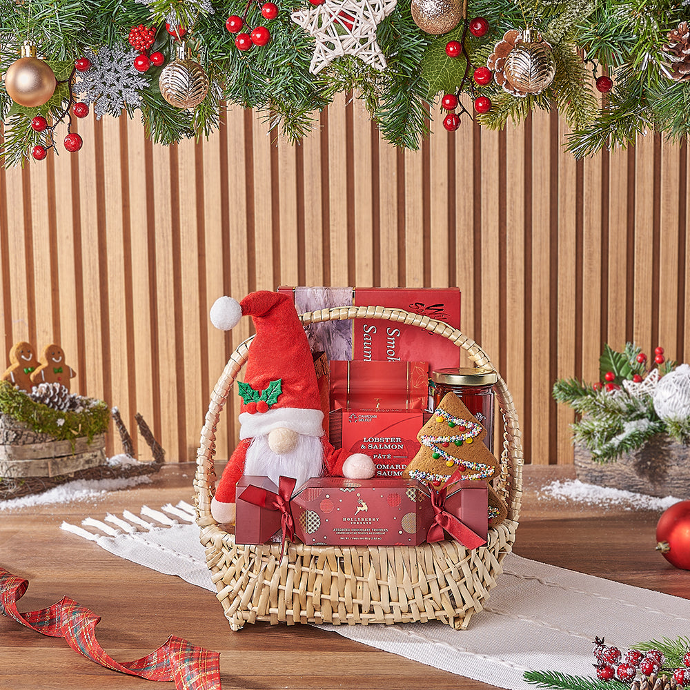 Festive Holiday Chocolate Truffle and Salmon Basket with Plush – how the gift is presented