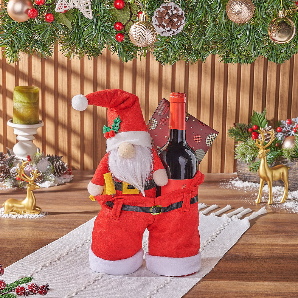 Christmas Wine Gift with Hollyberry Dark Chocolate in Santa Pants Bag – how the gift is presented