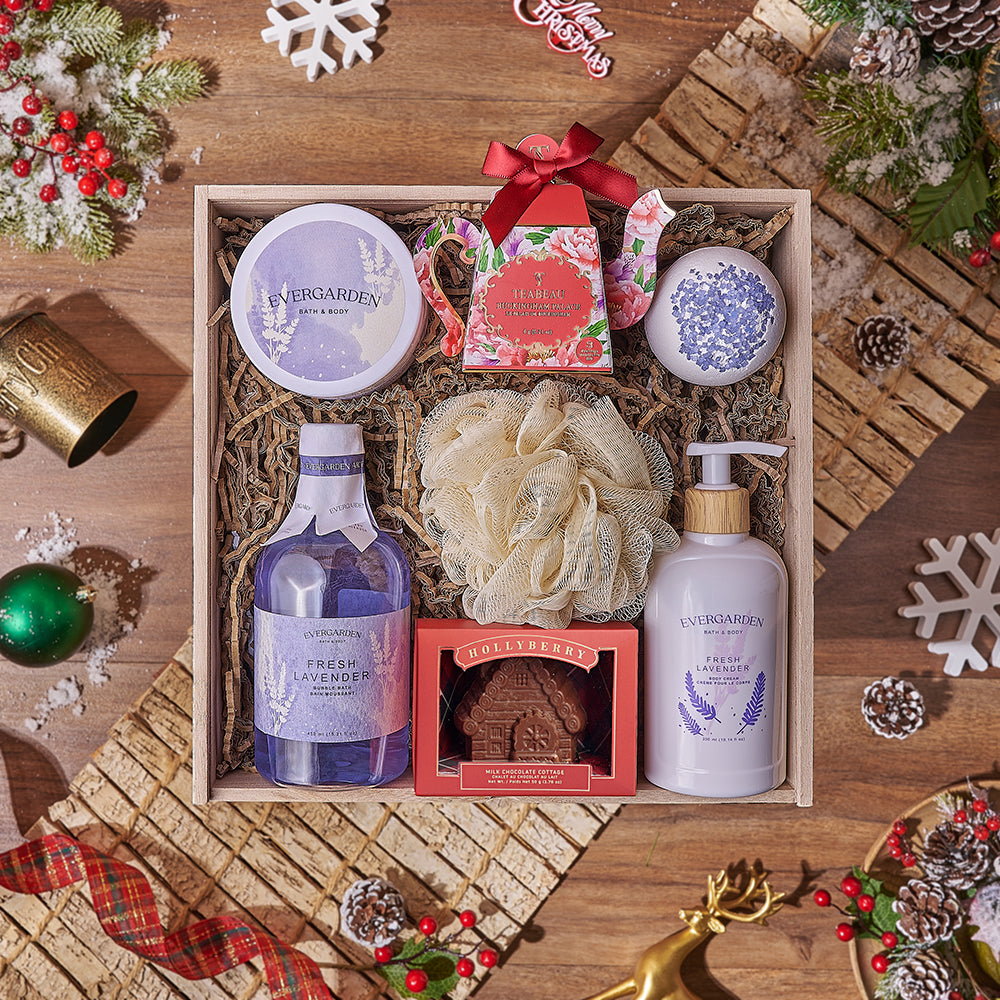 Serene Christmas Gift Box, chocolate gift, chocolate, Christmas gift, Christmas, tea gift, tea, spa gift, spa, bath gift, bath, Ottawa delivery